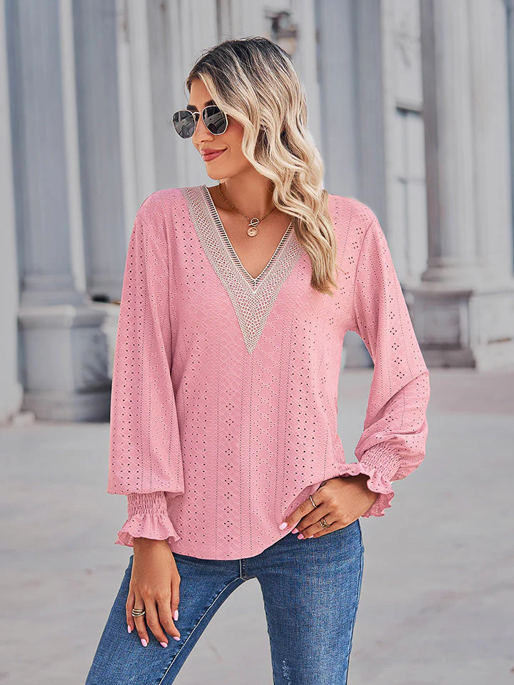 V-Neck Eyelet Flounce Sleeve Blouse - Image 5
