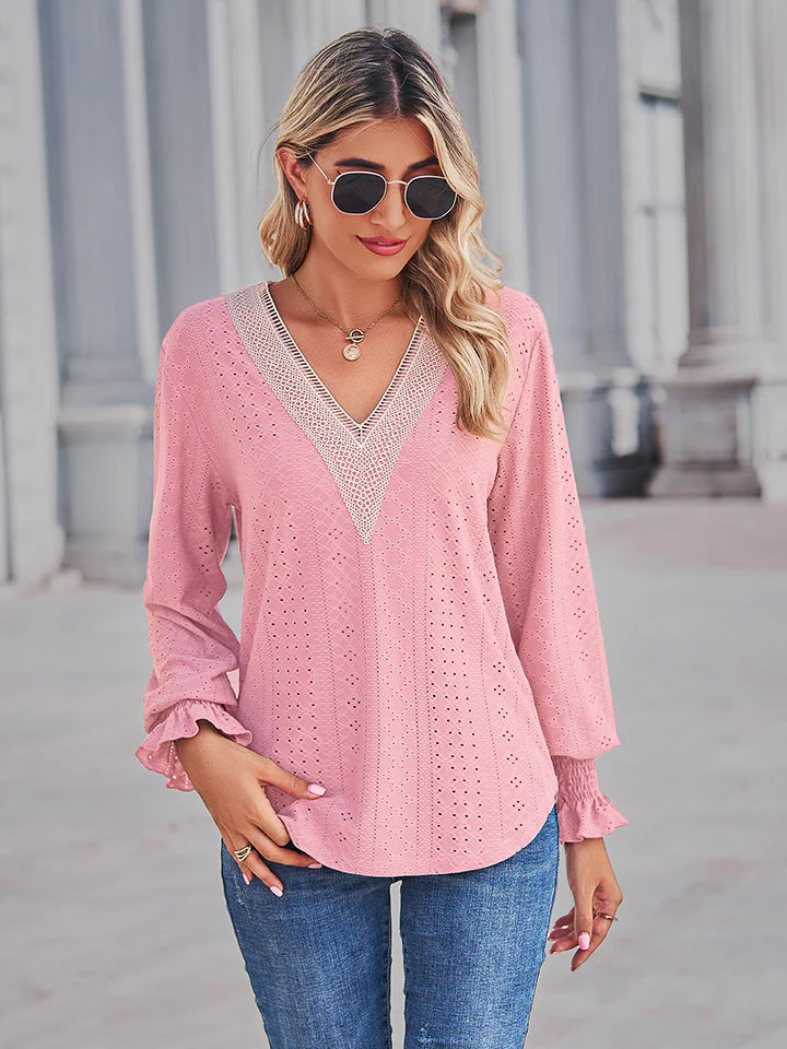 V-Neck Eyelet Flounce Sleeve Blouse - Image 6