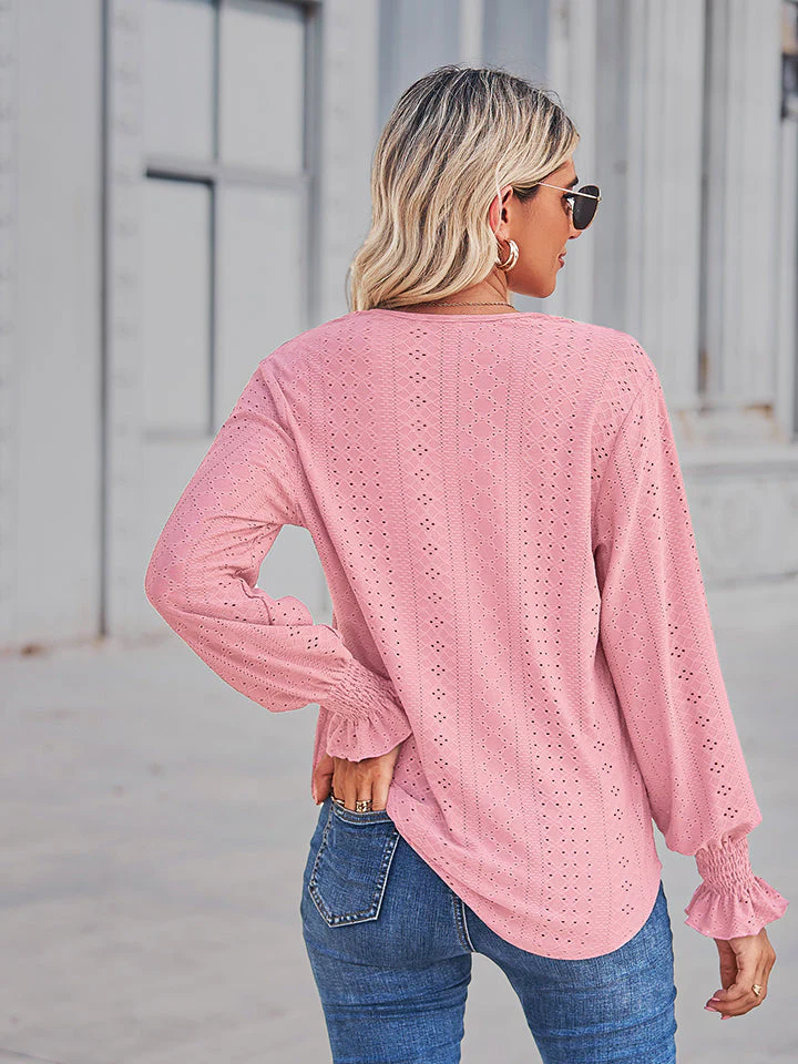 V-Neck Eyelet Flounce Sleeve Blouse - Image 7