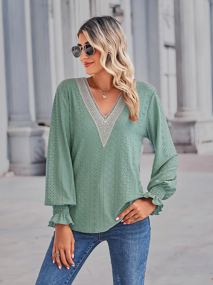 V-Neck Eyelet Flounce Sleeve Blouse - Image 9