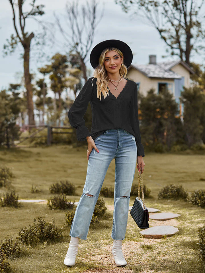V-Neck Flounce Sleeve Blouse - Image 12