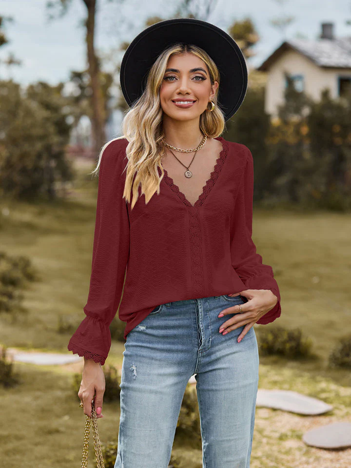 V-Neck Flounce Sleeve Blouse - Image 13