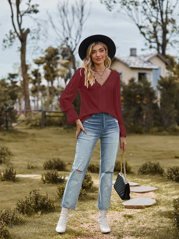 V-Neck Flounce Sleeve Blouse - Image 15