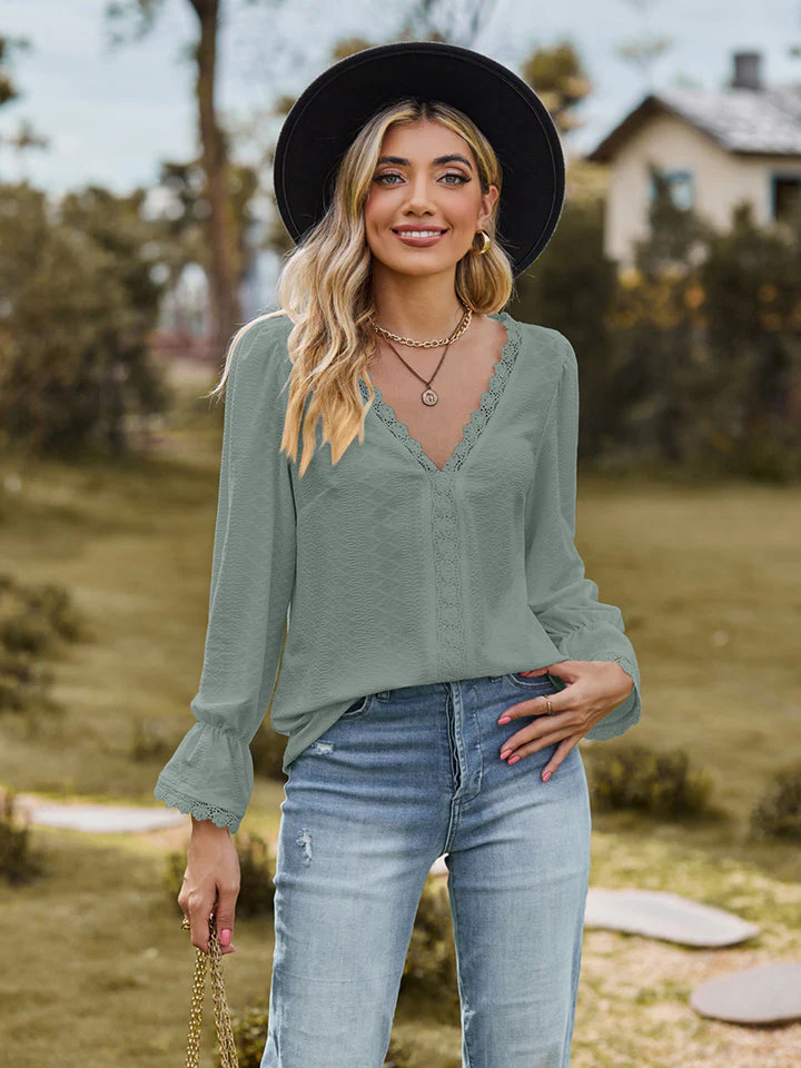 V-Neck Flounce Sleeve Blouse - Image 16