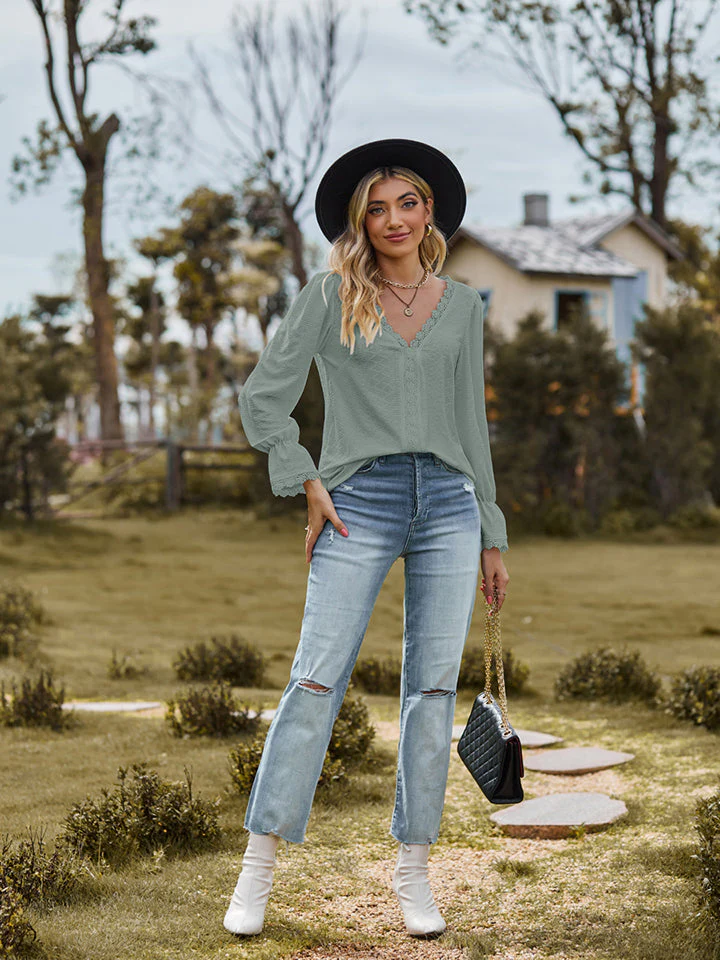 V-Neck Flounce Sleeve Blouse - Image 18