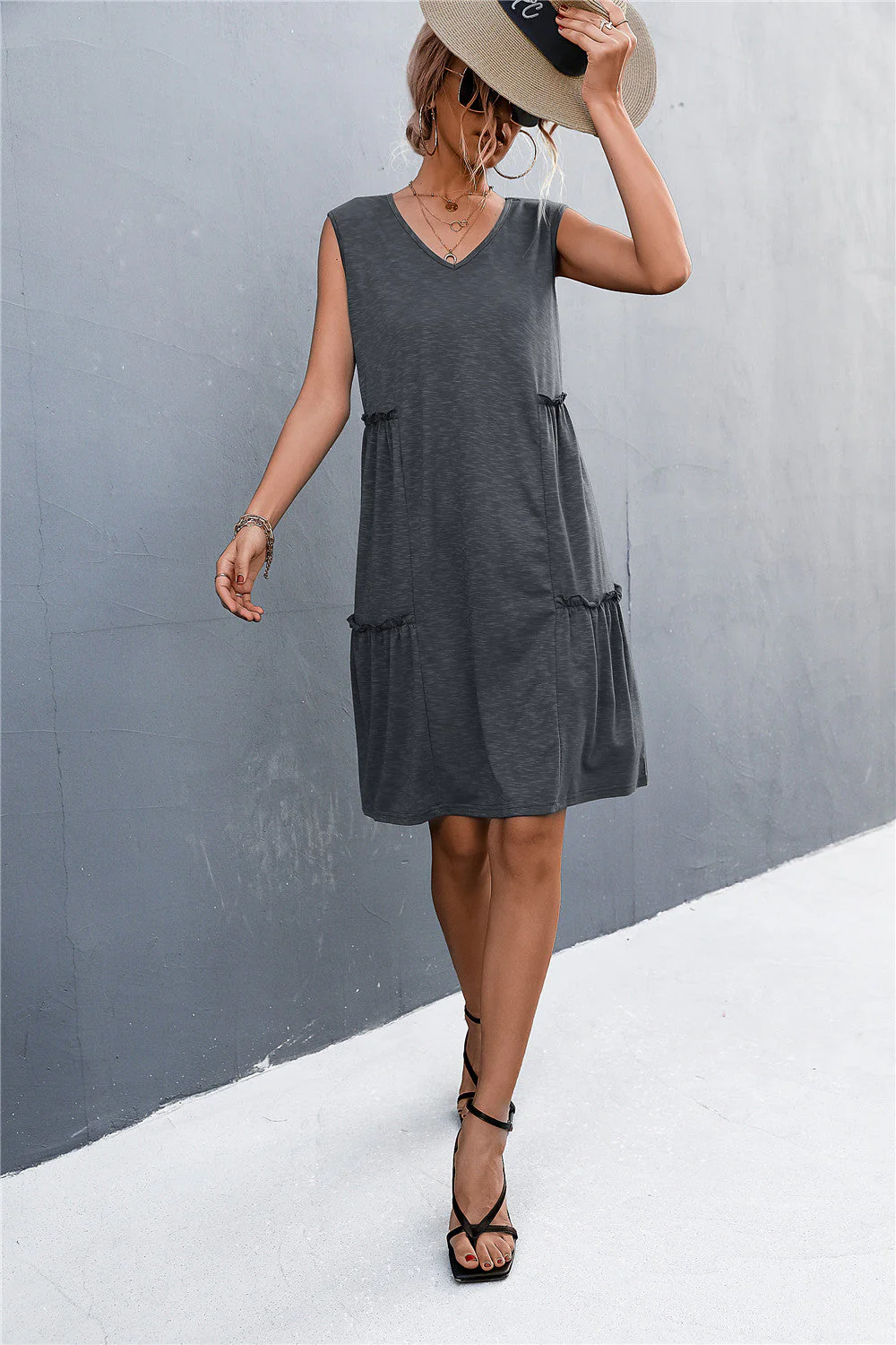 V-Neck Frill Trim Sleeveless Dress - Image 10