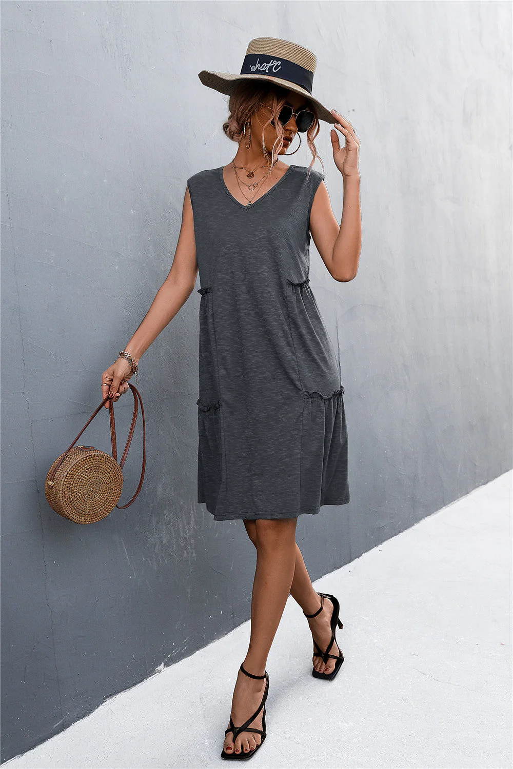 V-Neck Frill Trim Sleeveless Dress - Image 11