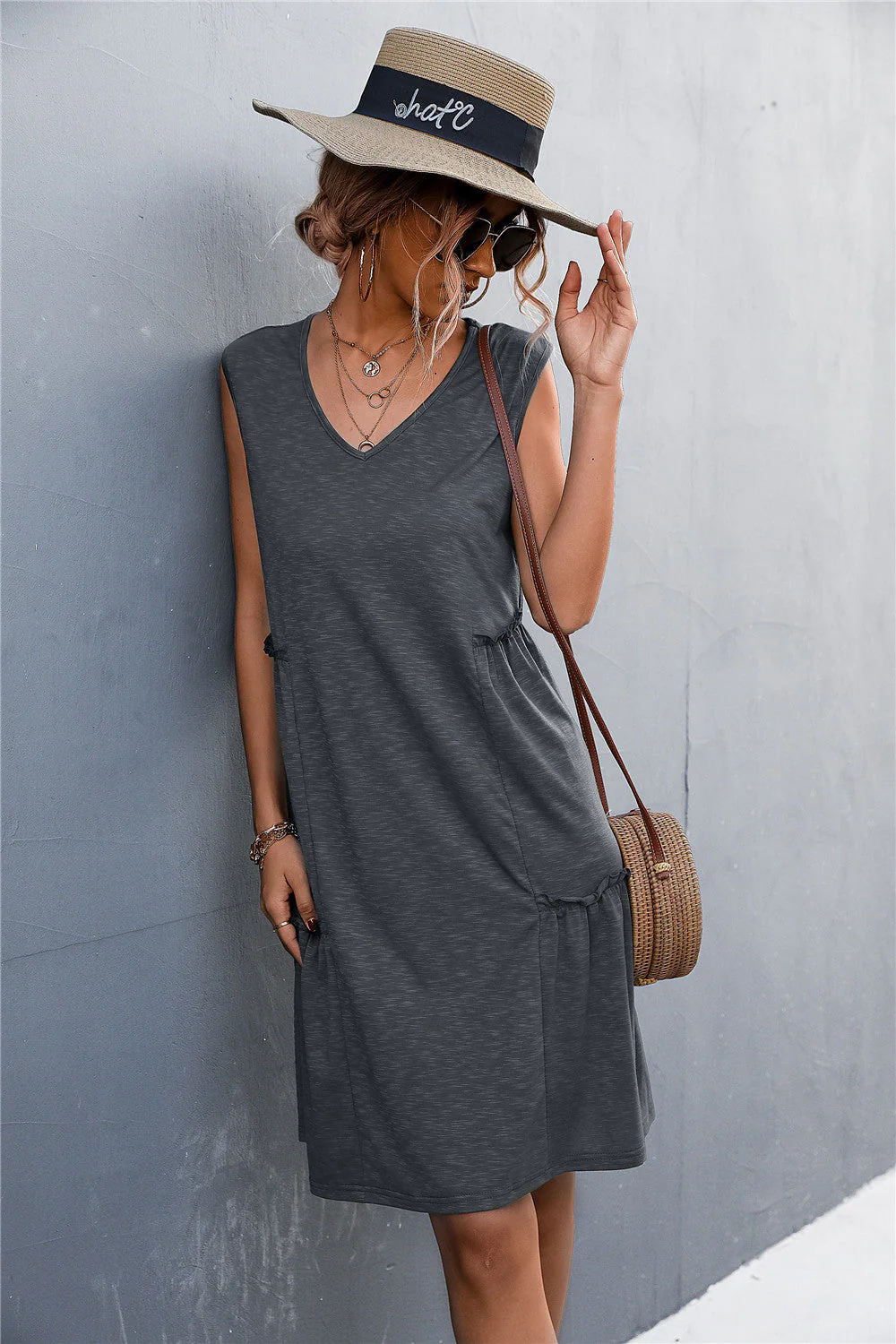 V-Neck Frill Trim Sleeveless Dress - Image 6