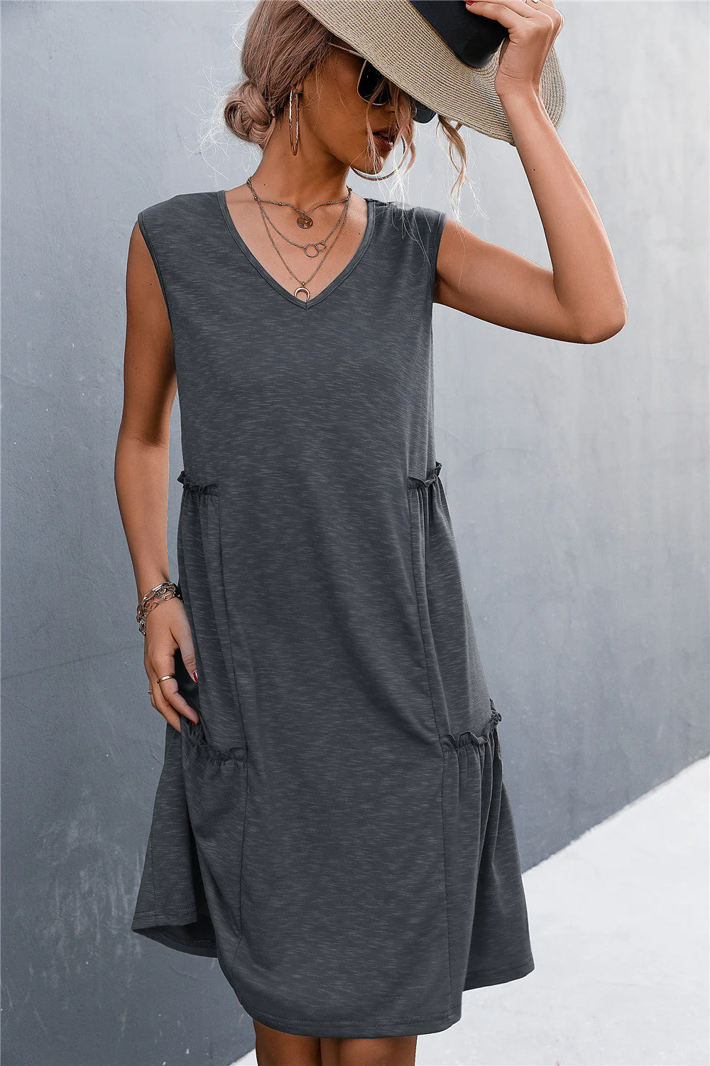 V-Neck Frill Trim Sleeveless Dress - Image 7