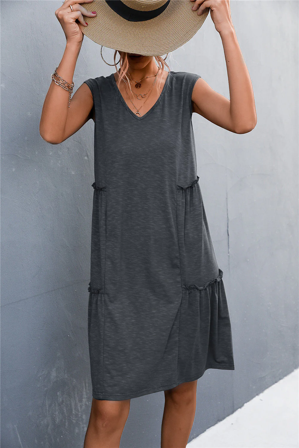 V-Neck Frill Trim Sleeveless Dress - Image 8