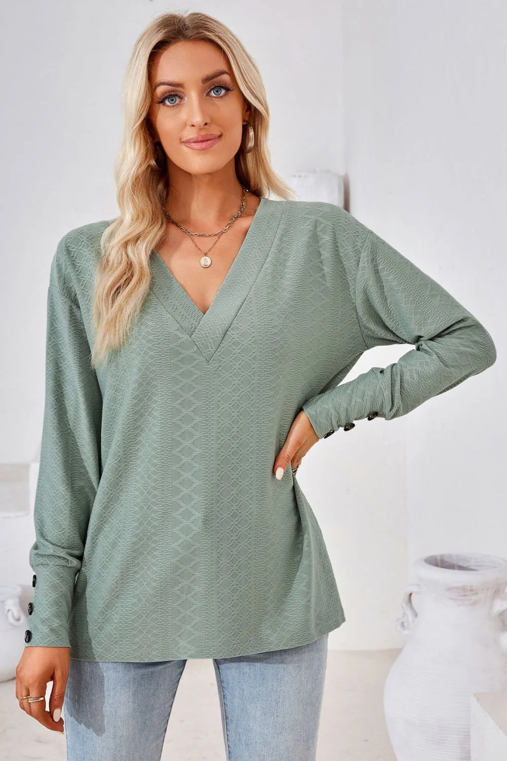 V-Neck Long Sleeve Blouse - Image 14