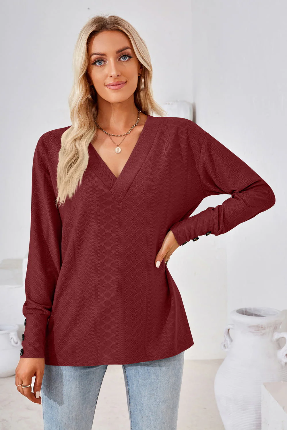 V-Neck Long Sleeve Blouse - Image 23