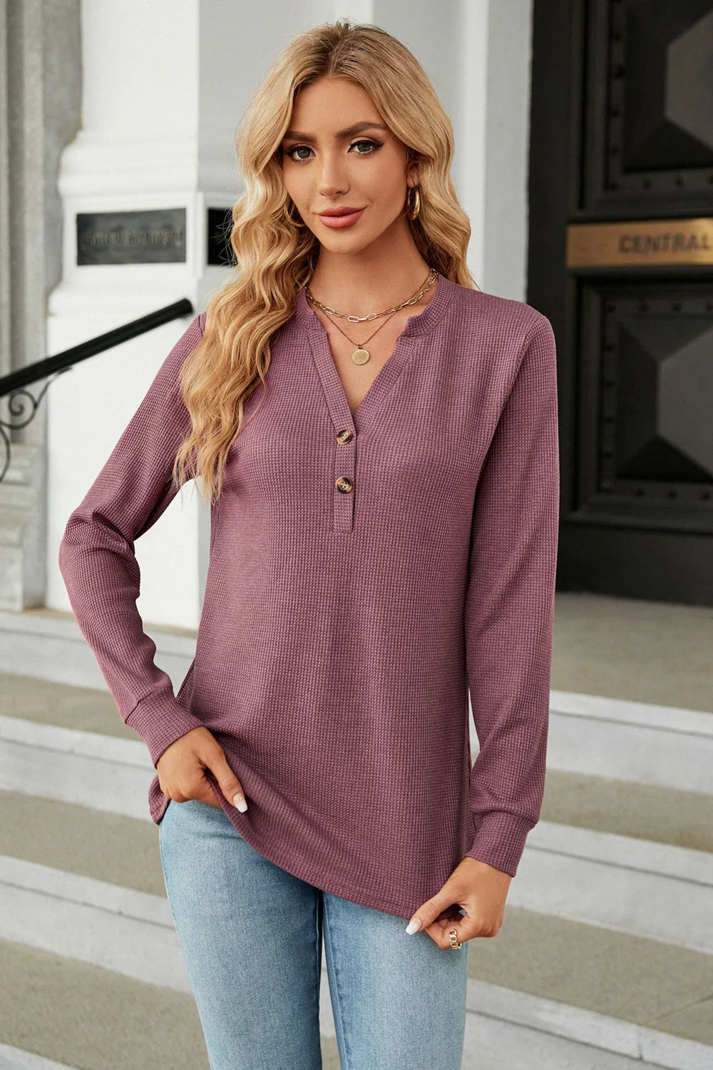 V-Neck Long Sleeve Blouse - Image 2