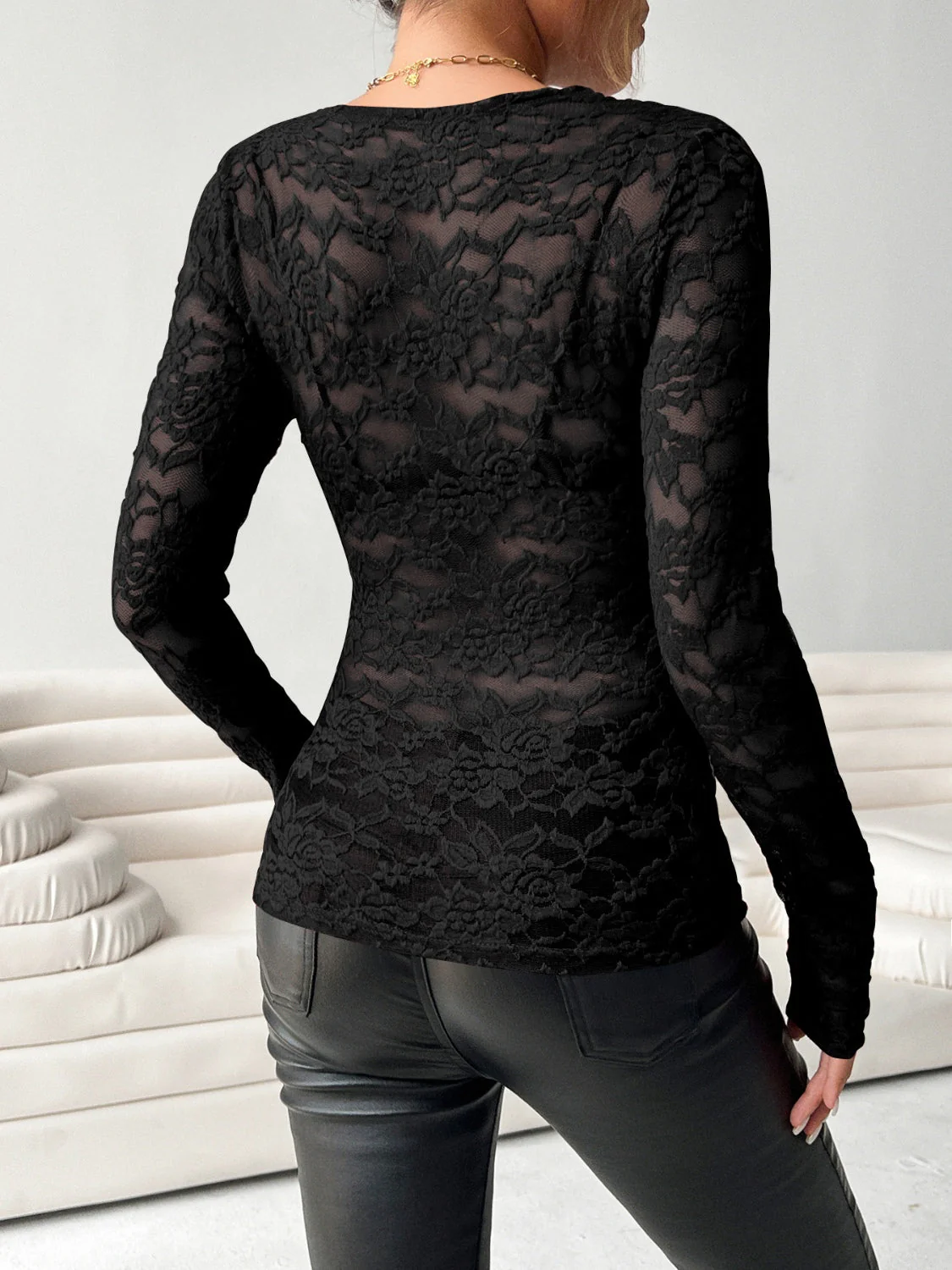 V-Neck Long Sleeve Lace Top - Image 2