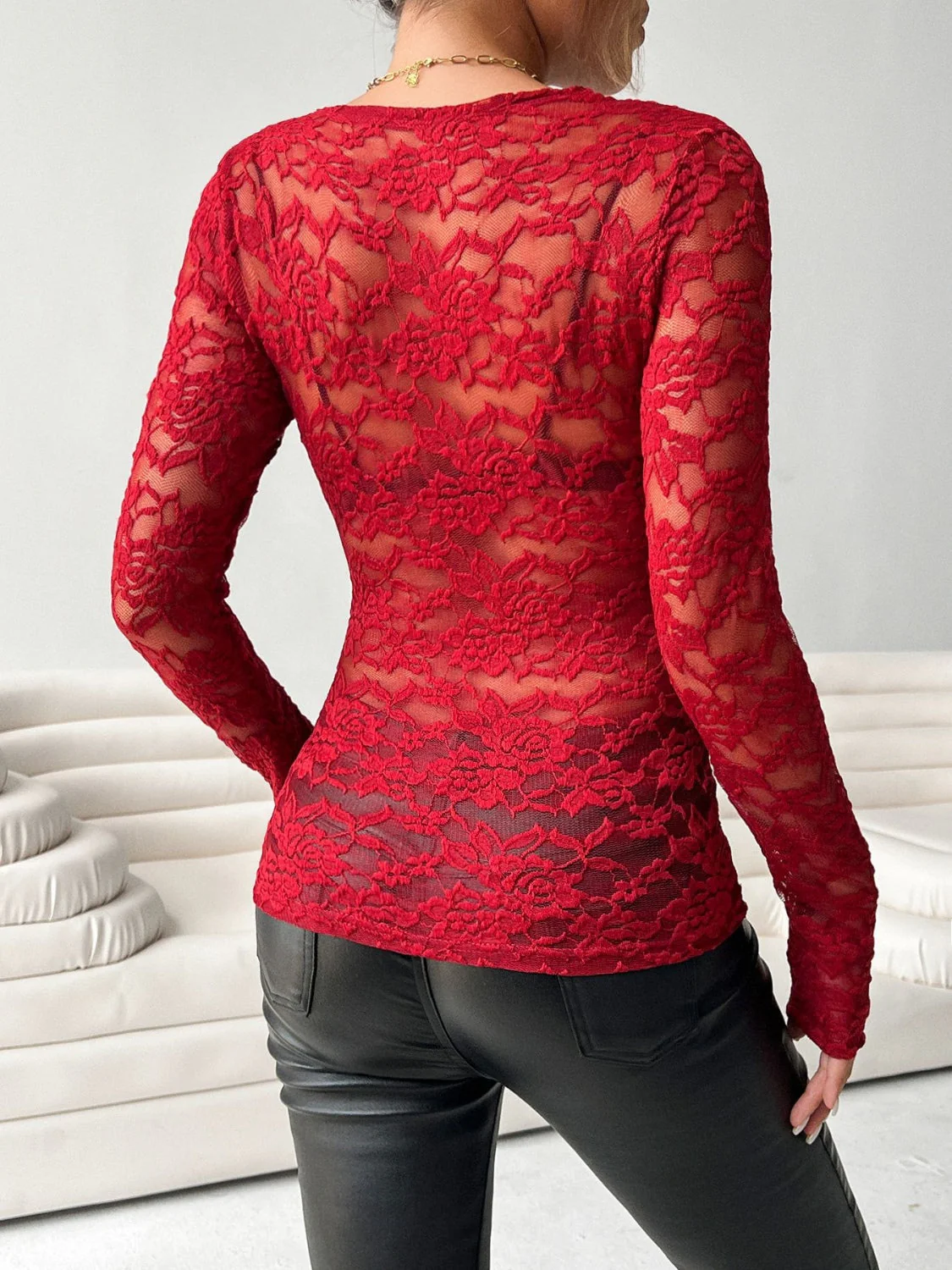 V-Neck Long Sleeve Lace Top - Image 20