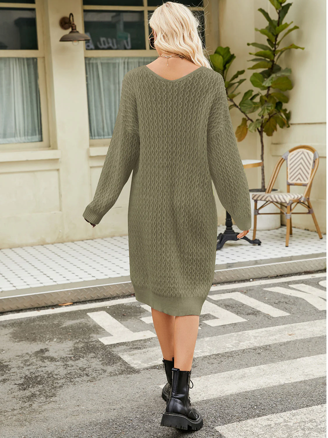 V-Neck Long Sleeve Sweater Dress - Image 2