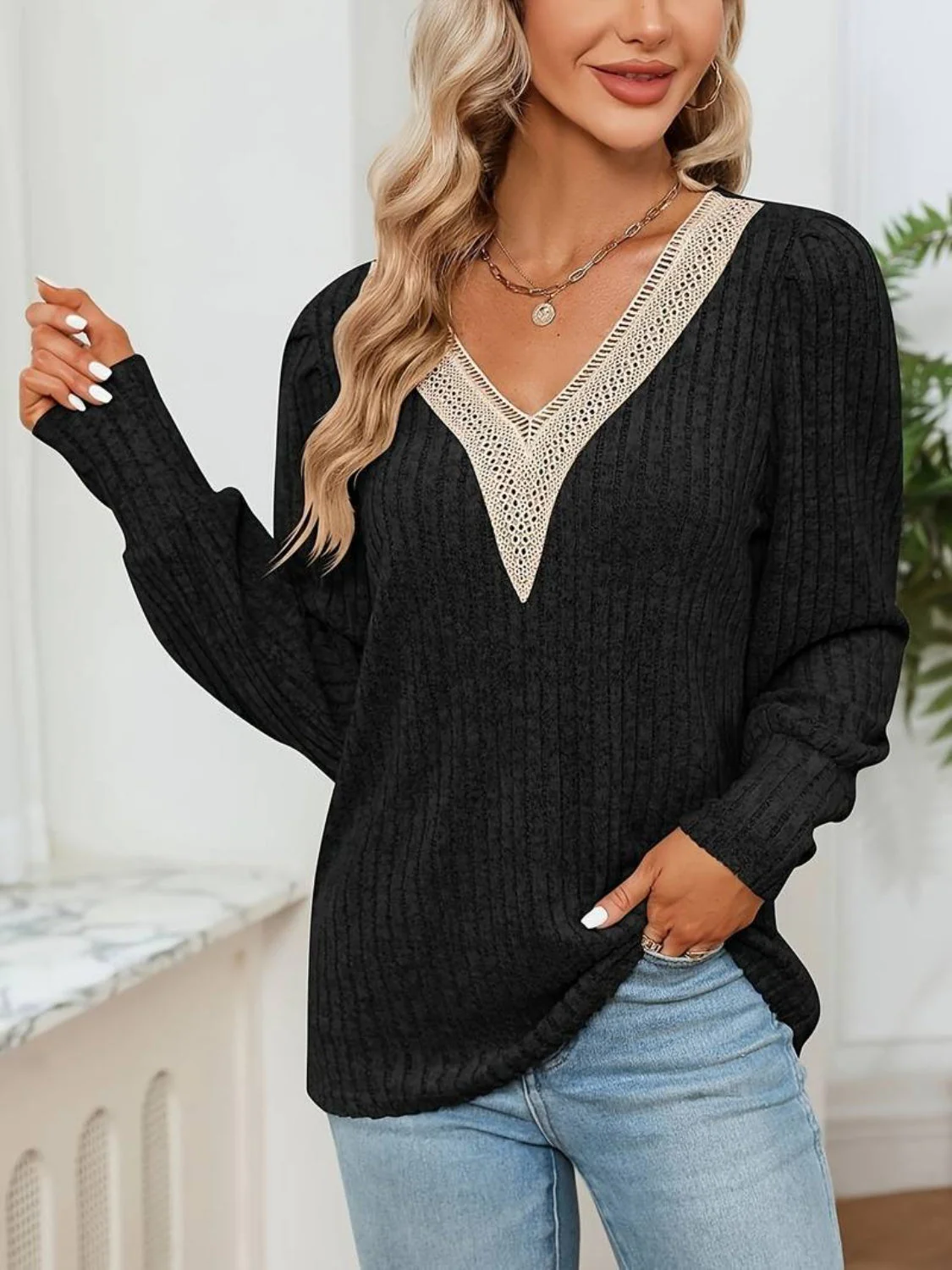 V-Neck Long Sleeve T-Shirt - Image 5