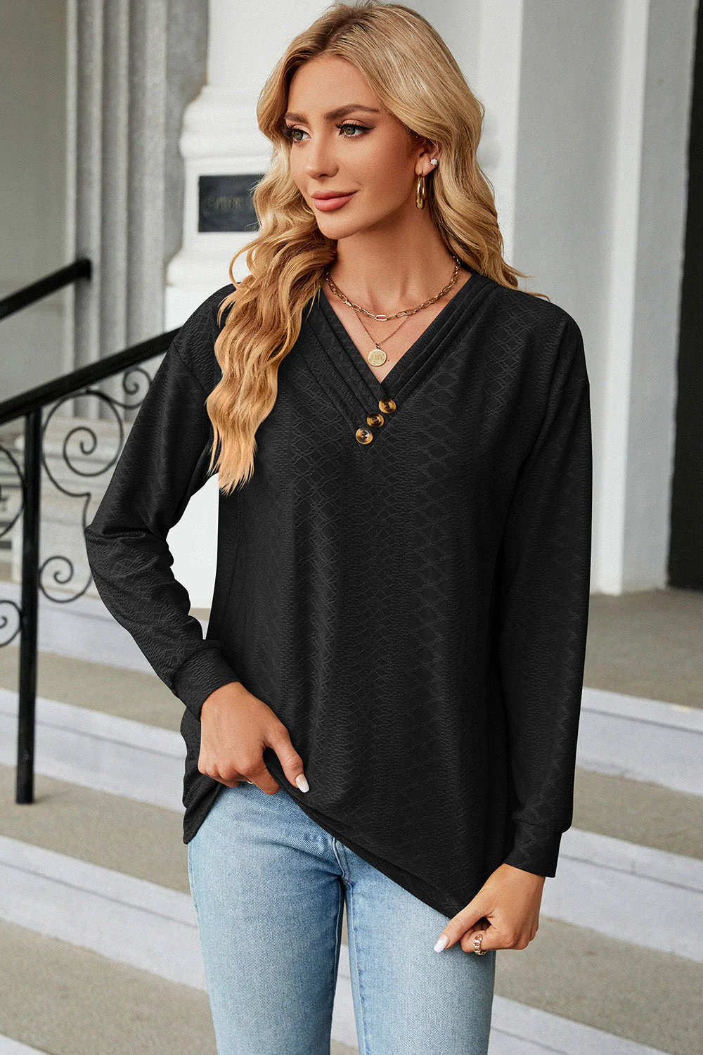 V-Neck Long Sleeve T-Shirt - Image 12