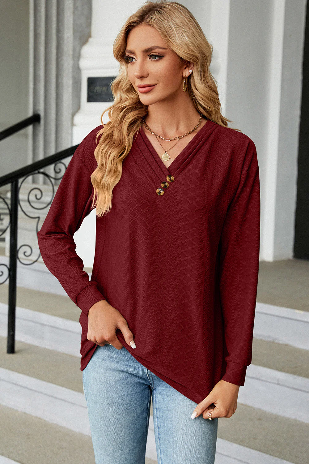 V-Neck Long Sleeve T-Shirt - Image 15