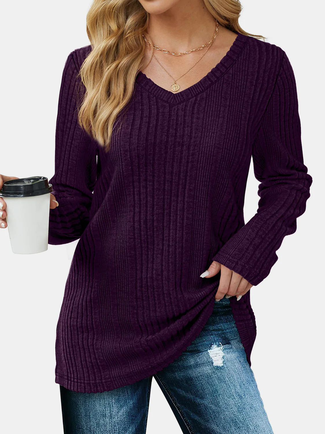 V-Neck Long Sleeve T-Shirt - Image 14