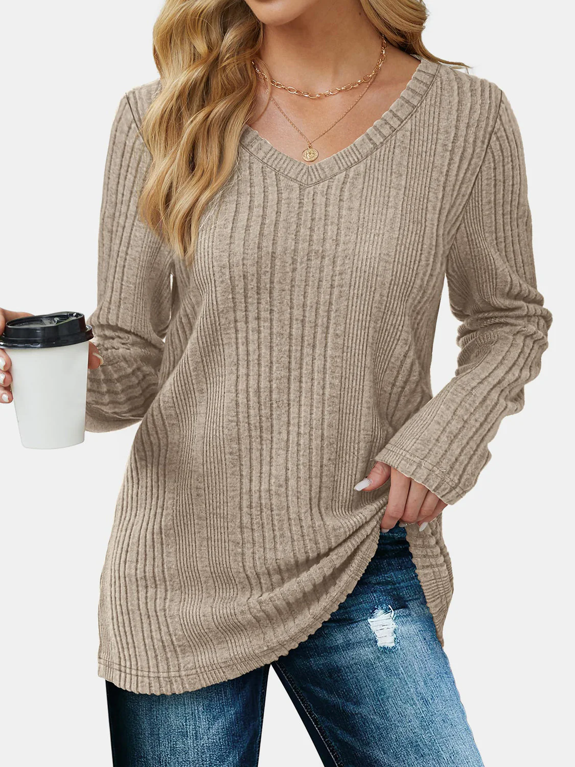 V-Neck Long Sleeve T-Shirt - Image 17
