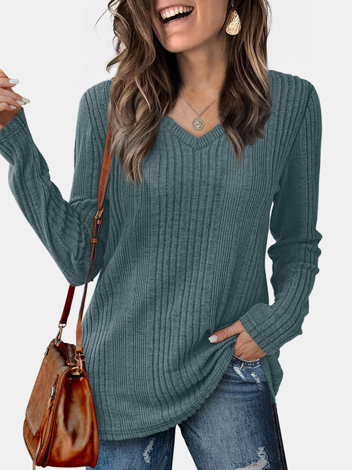 V-Neck Long Sleeve T-Shirt - Image 19
