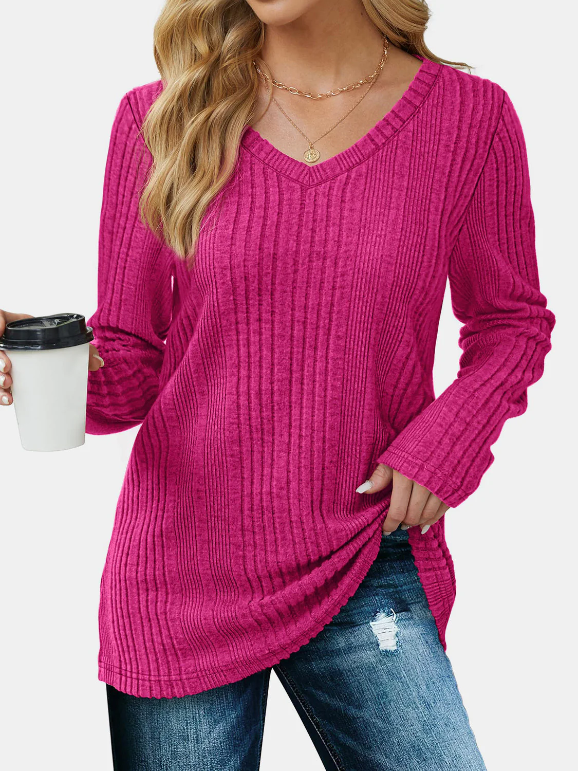 V-Neck Long Sleeve T-Shirt - Image 5