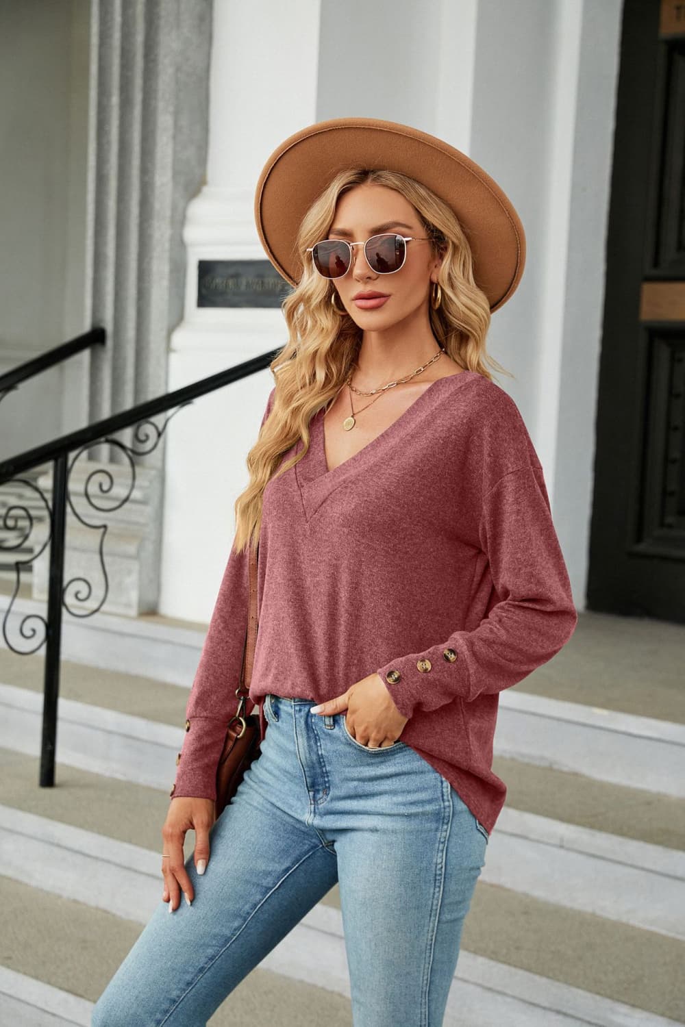 V-Neck Long Sleeve T-Shirt - Image 16