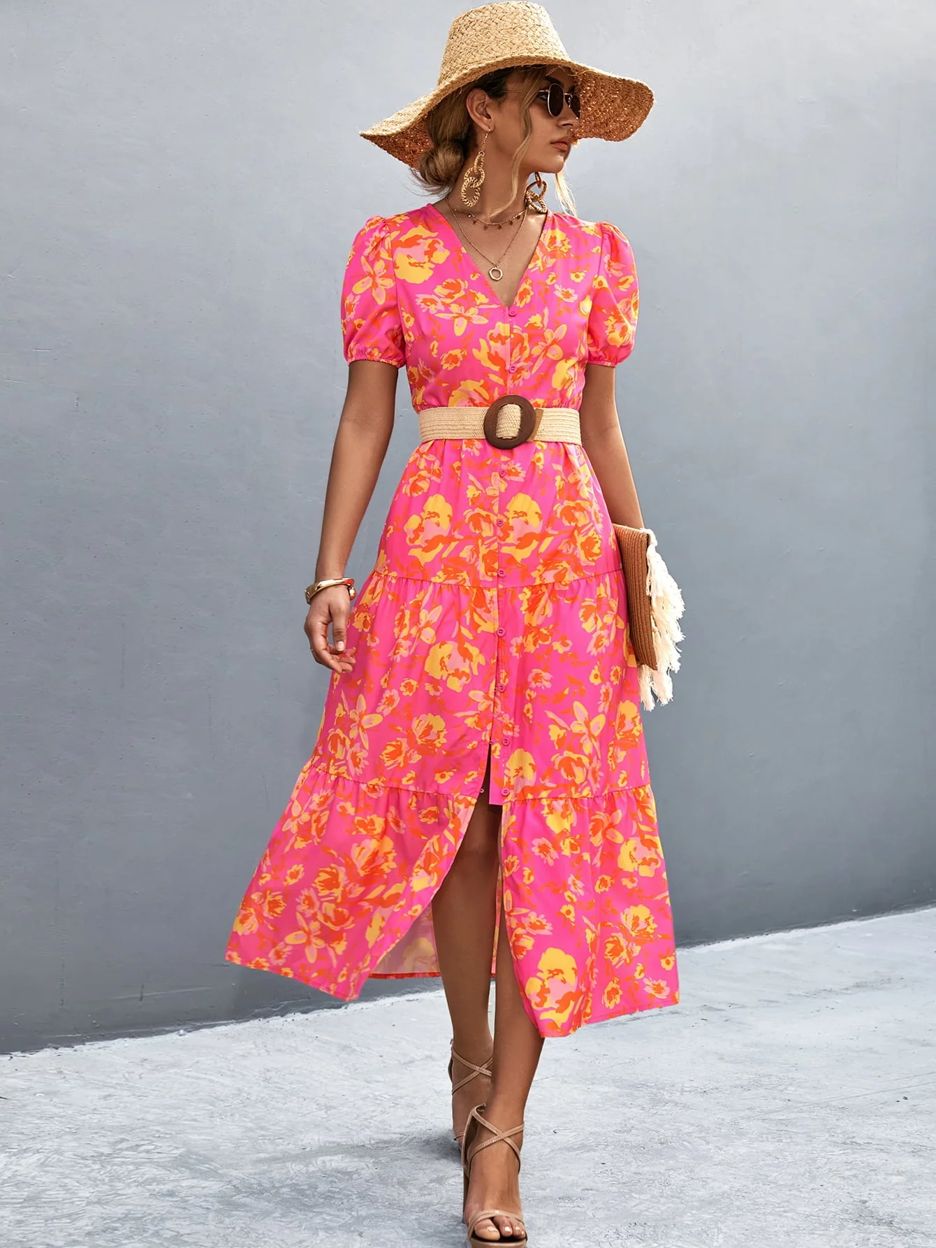 V-Neck Short Sleeve High Slit Midi Dress - Image 10
