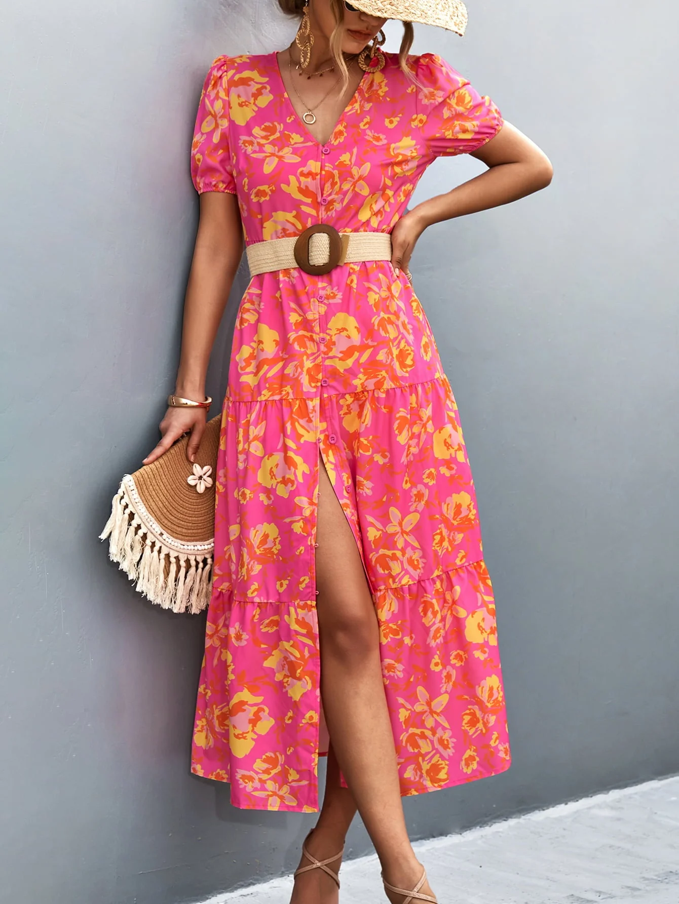 V-Neck Short Sleeve High Slit Midi Dress - Image 11