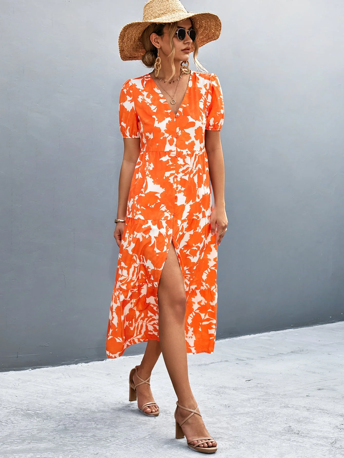 V-Neck Short Sleeve High Slit Midi Dress - Image 3