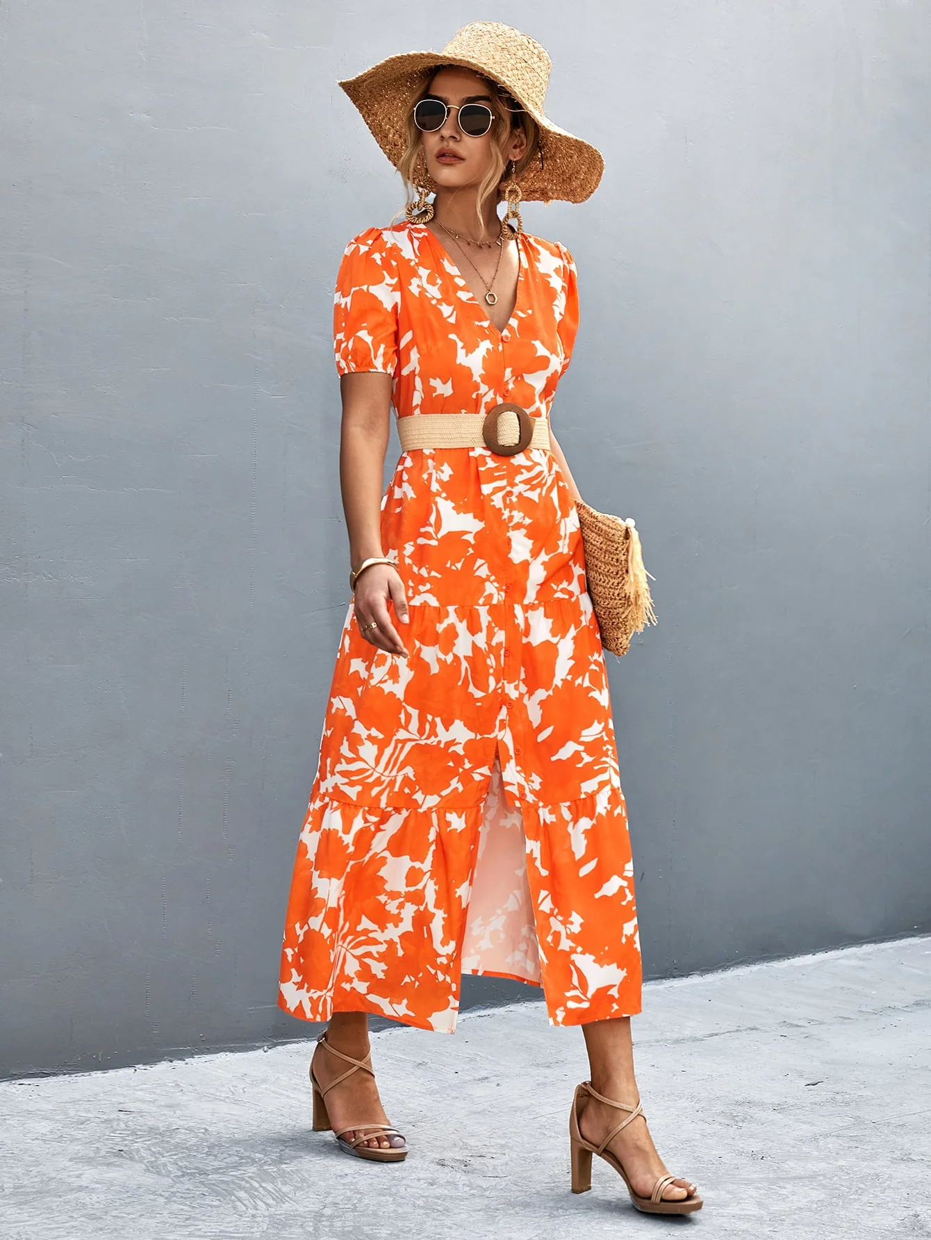 V-Neck Short Sleeve High Slit Midi Dress - Image 4