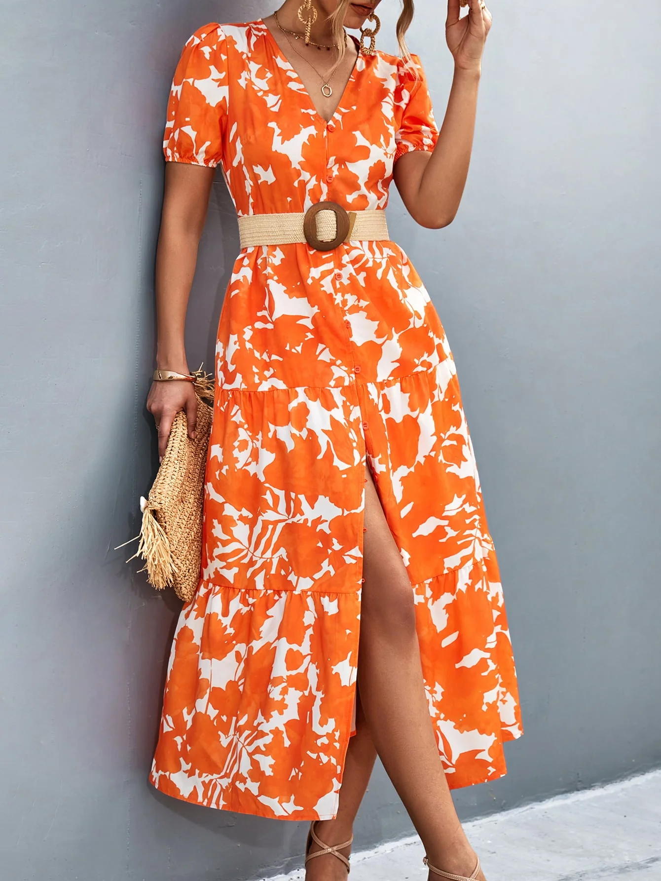 V-Neck Short Sleeve High Slit Midi Dress - Image 5