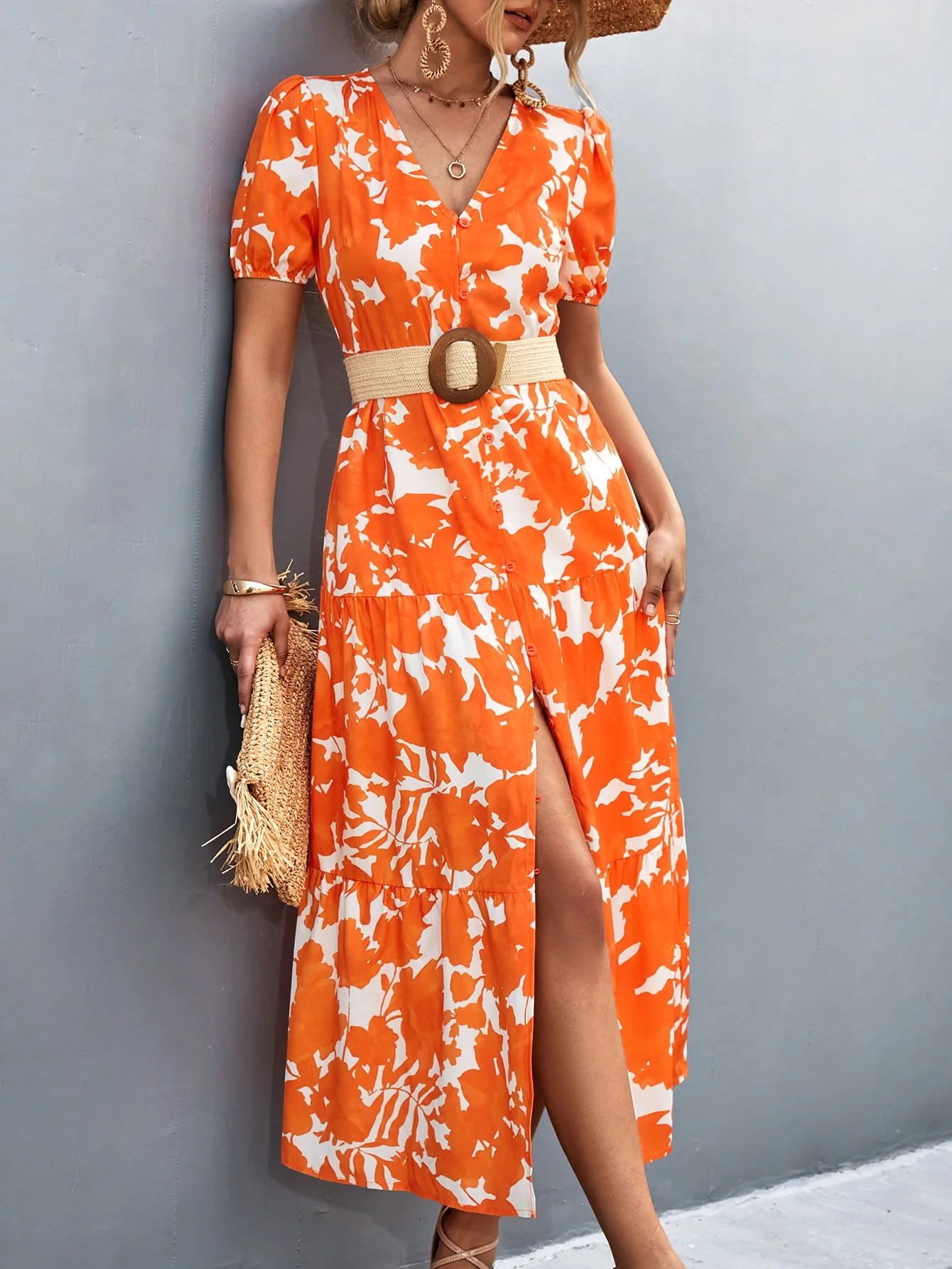 V-Neck Short Sleeve High Slit Midi Dress - Image 6