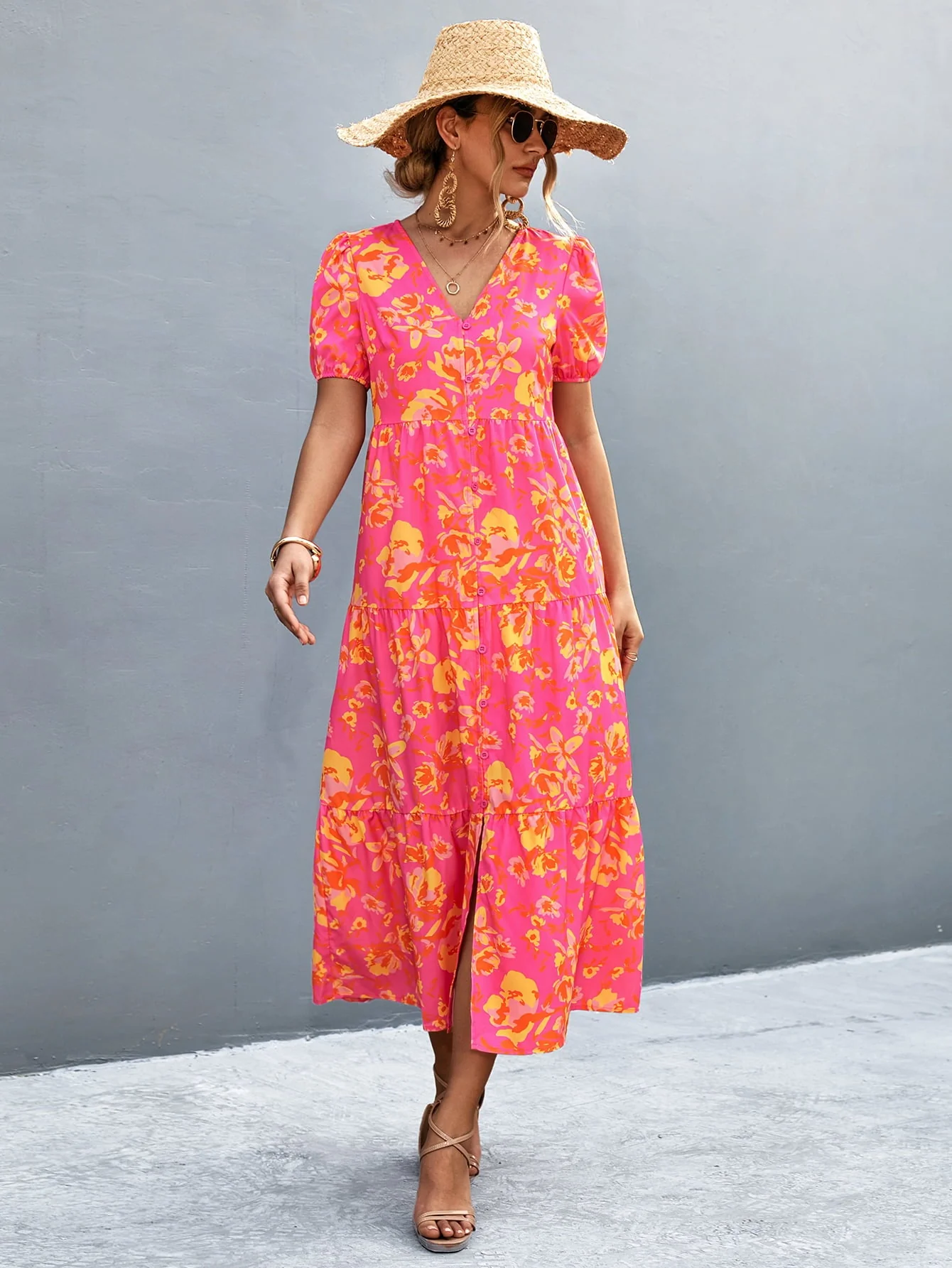 V-Neck Short Sleeve High Slit Midi Dress - Image 7