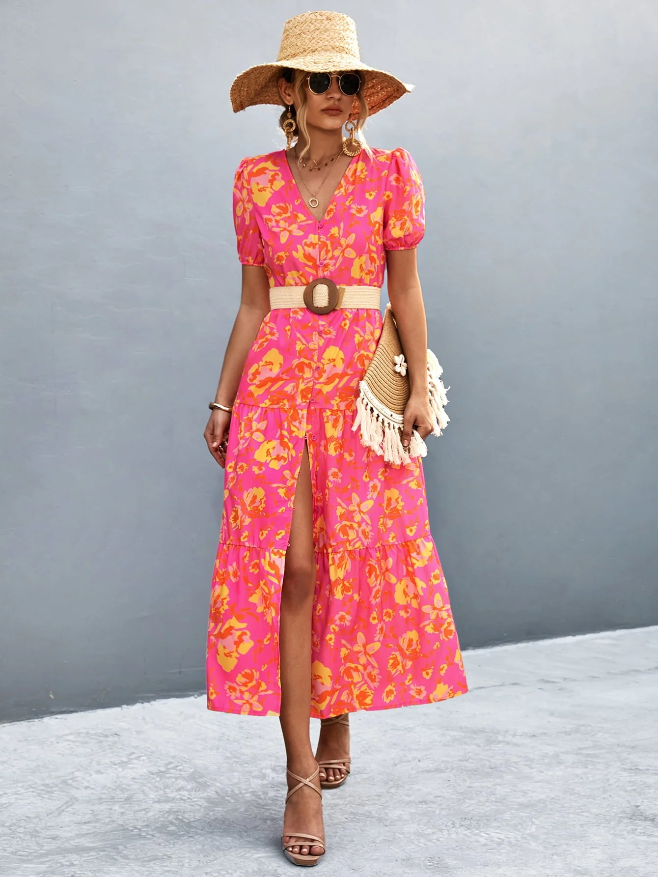 V-Neck Short Sleeve High Slit Midi Dress - Image 8