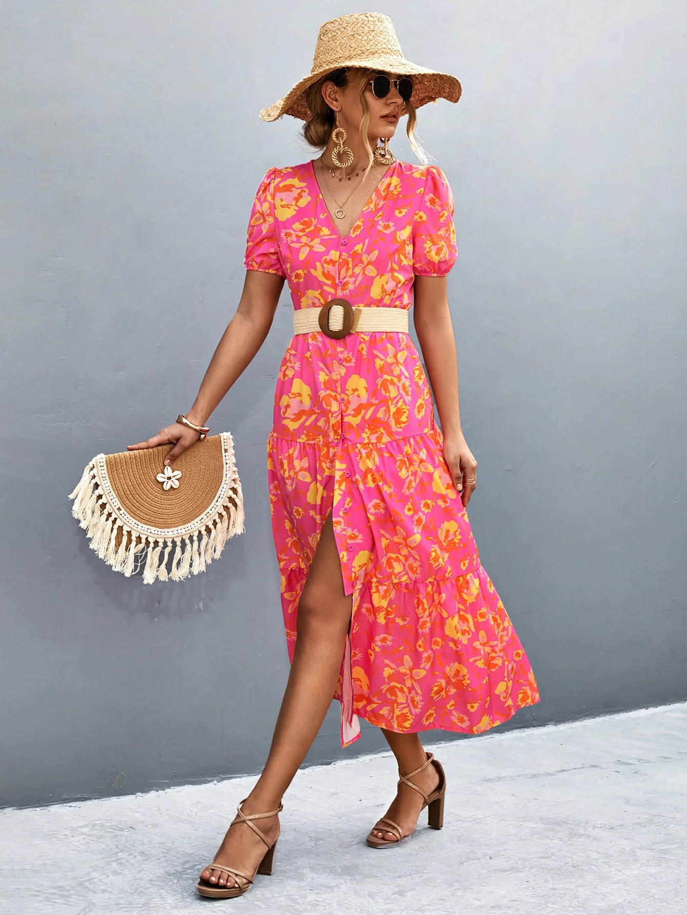 V-Neck Short Sleeve High Slit Midi Dress - Image 9
