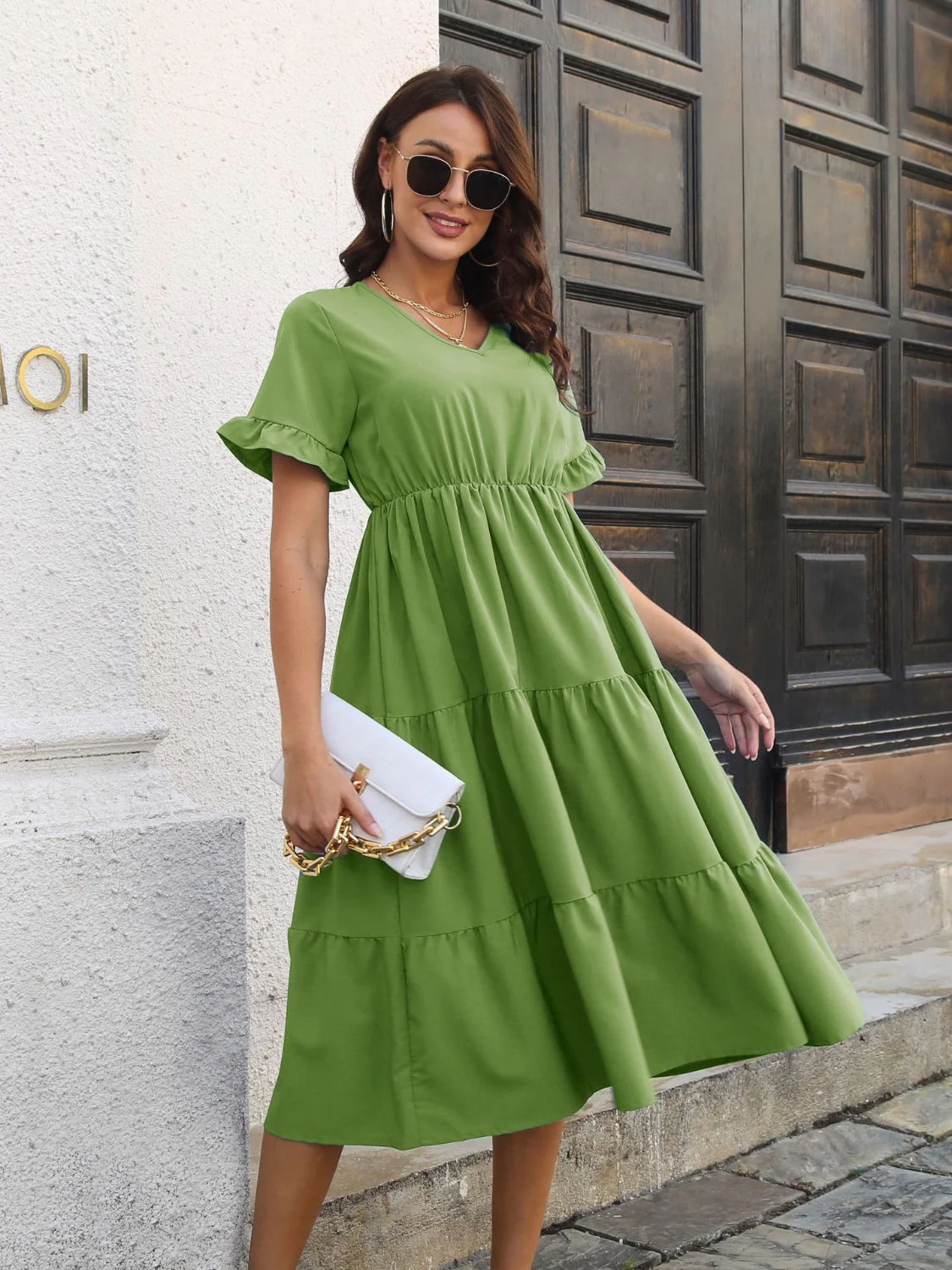 V-Neck Short Sleeve Midi Dress - Image 10