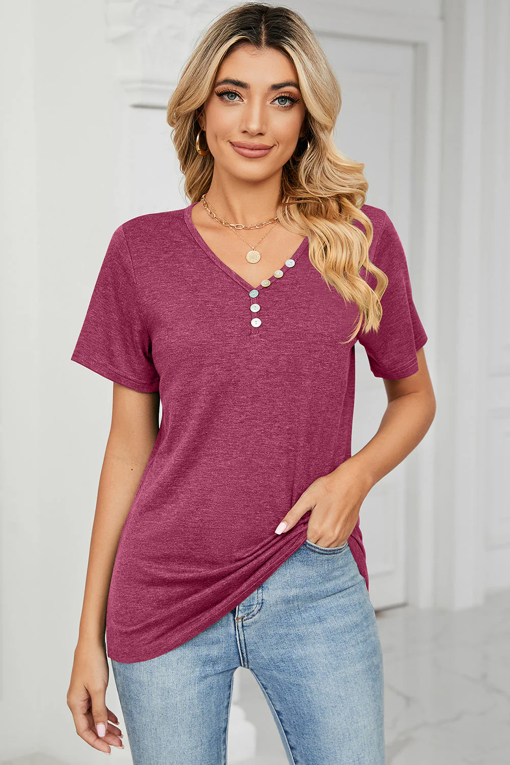 V-Neck Short Sleeve T-Shirt - Image 21