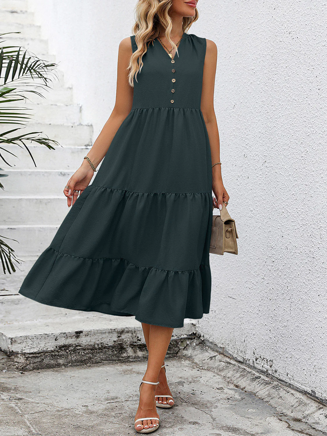 V-Neck Sleeveless Tiered Dress - Image 3