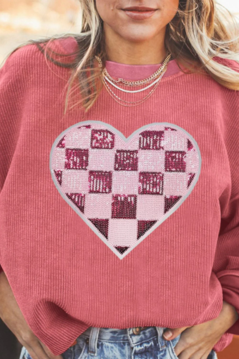Valentine’s Day Sequin Checkered Heart Long Sleeve Sweatshirt - Image 2