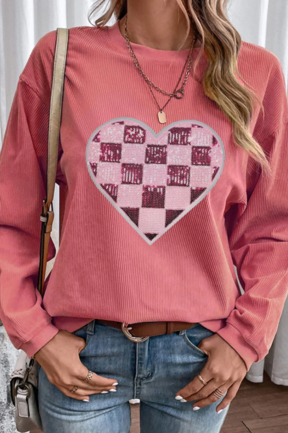 Valentine’s Day Sequin Checkered Heart Long Sleeve Sweatshirt - Image 3