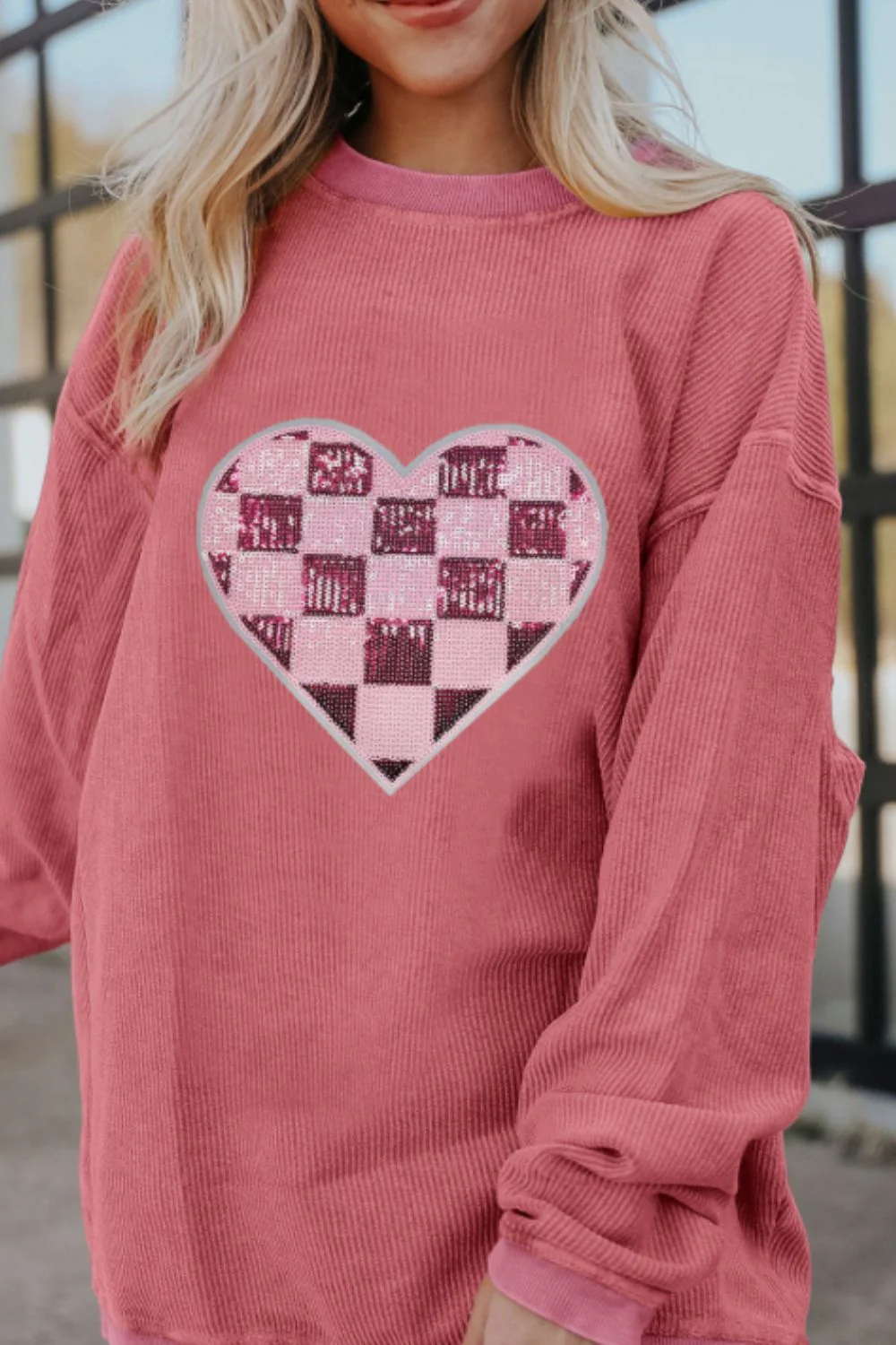 Valentine’s Day Sequin Checkered Heart Long Sleeve Sweatshirt - Image 5