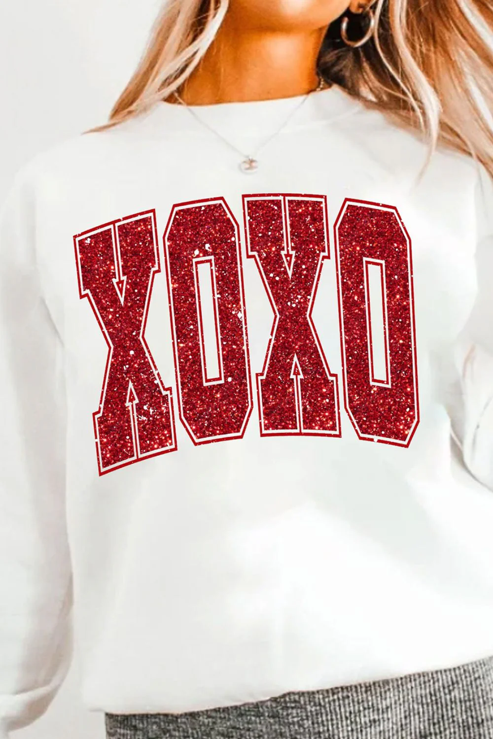 Valentine’s Day XOXO Glitter Round Neck Sweatshirt - Image 2