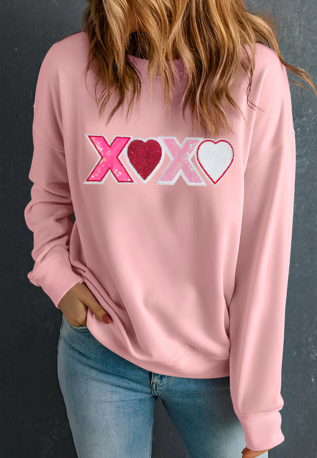 Valentine’s Day XOXO Round Neck Long Sleeve Sweatshirt - Image 3