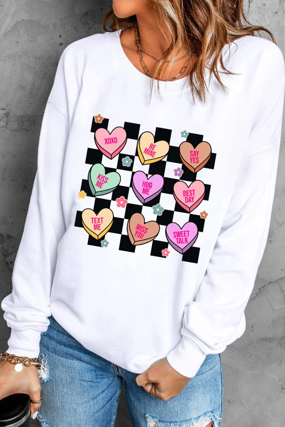 Valentine's Day Checkered Heart Long Sleeve Sweatshirt - Image 2