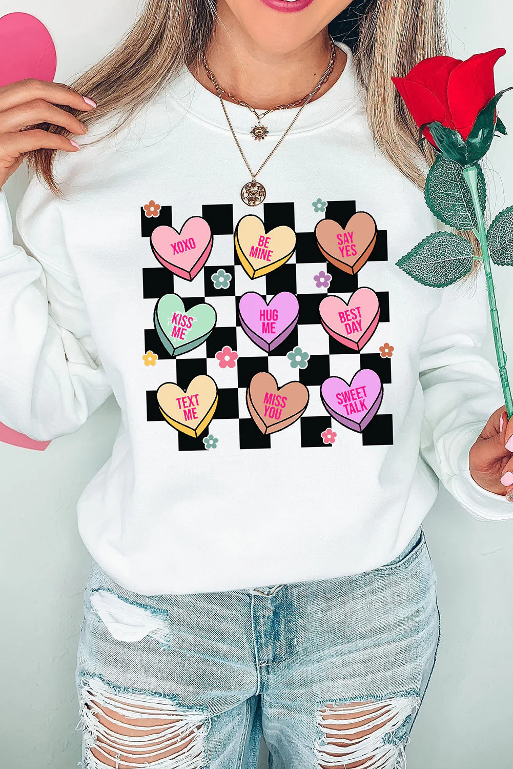 Valentine's Day Checkered Heart Long Sleeve Sweatshirt - Image 4