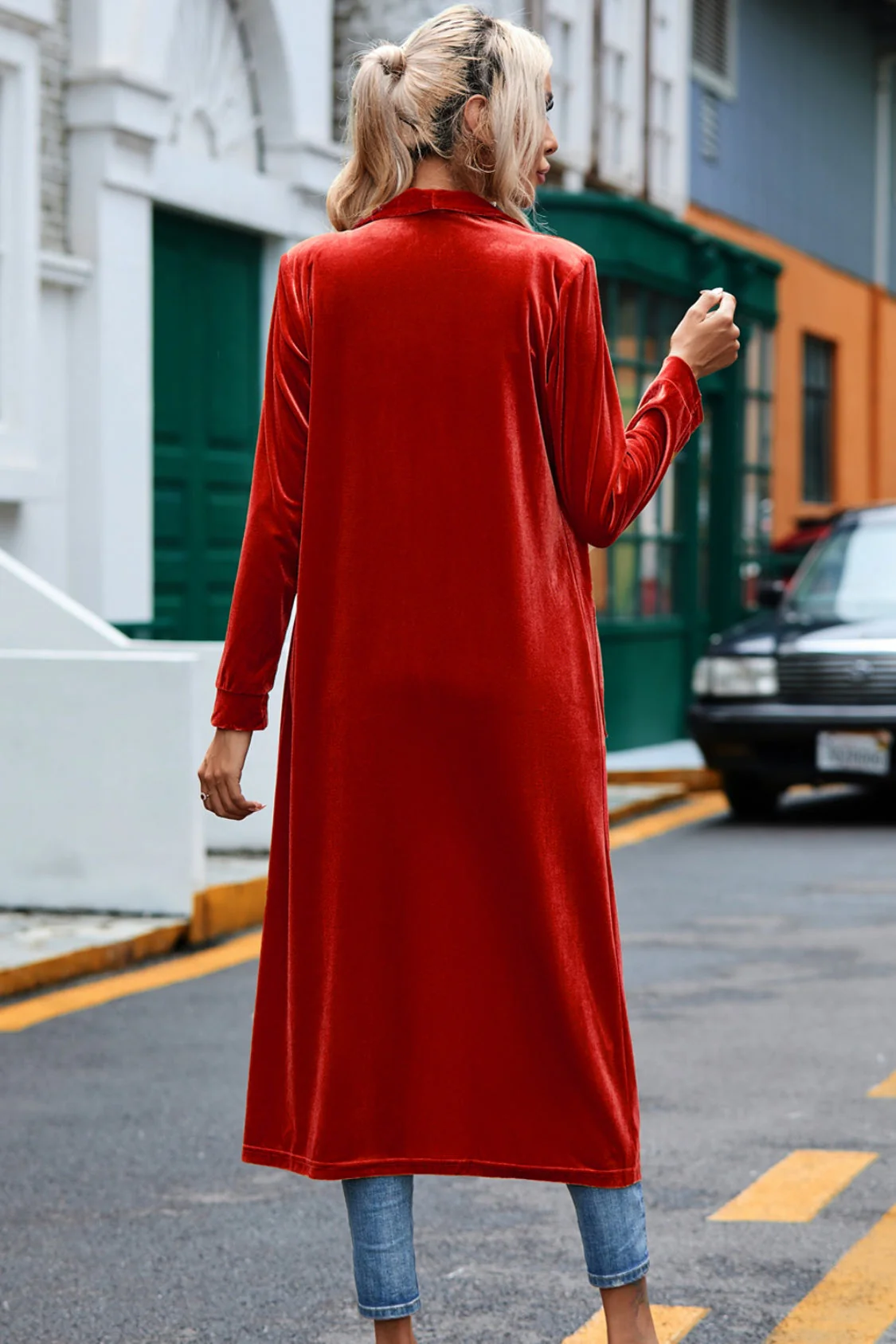 Velvet Open Front Long Cardigan with Pockets - Image 10