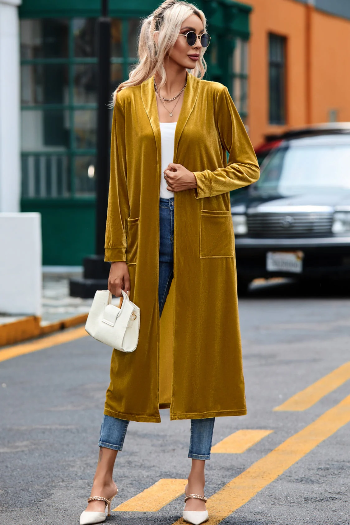 Velvet Open Front Long Cardigan with Pockets - Image 2