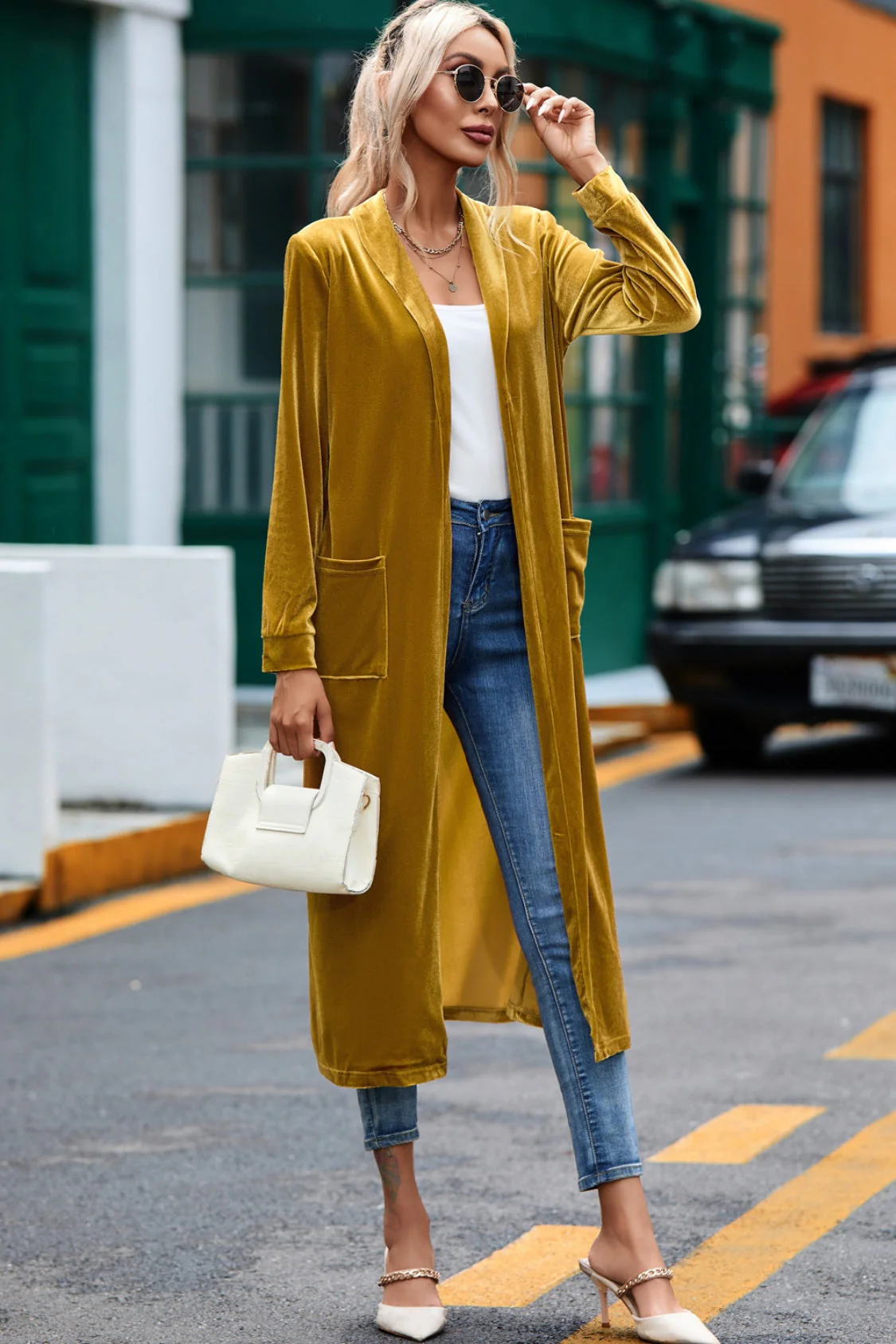 Velvet Open Front Long Cardigan with Pockets - Image 3